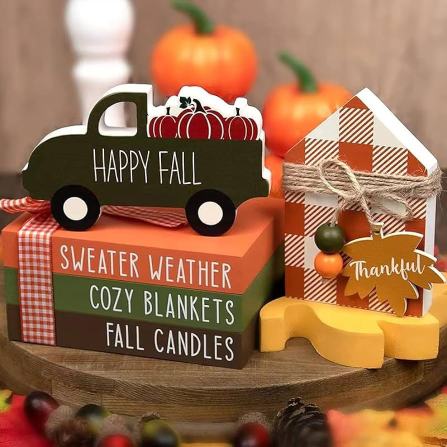 Fall Thanksgiving Decorations 3 Mini Faux Books Bundle with Twine Pumpkin Wooden Truck Farmhouse ... | Amazon (US)