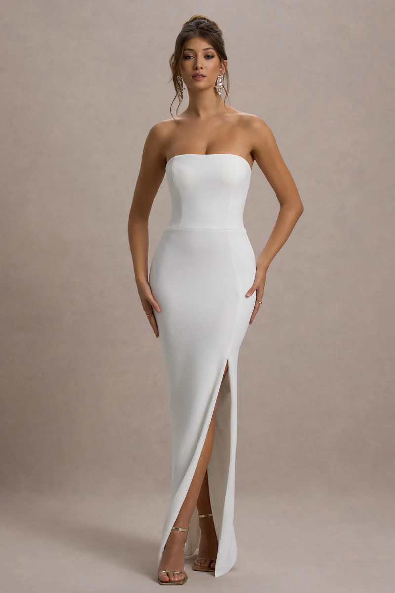 Belle of The Ball | White Bandeau Maxi Dress With Split Hem | Club L London
