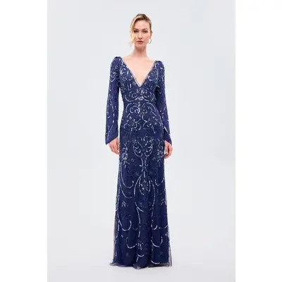BEAUUT Deep Neck Embellished Sequins Maxi Dress in Blue at Nordstrom, Size 6 | Nordstrom