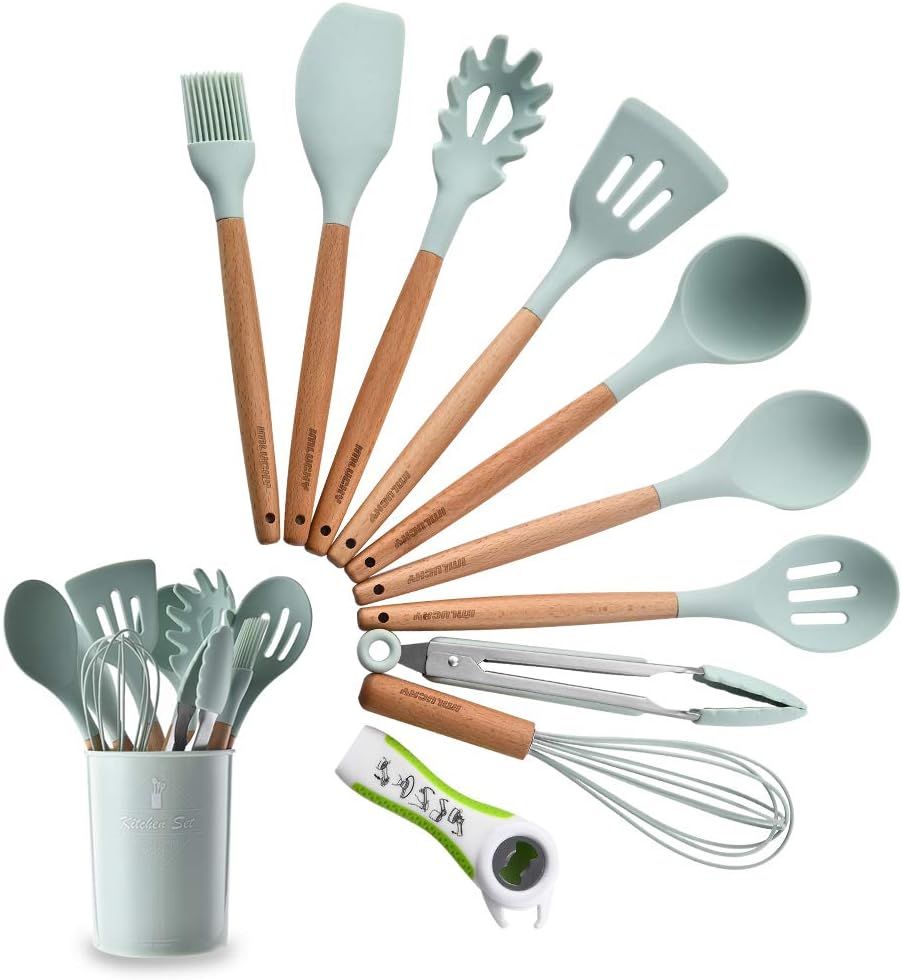 Silicone Kitchen Utensil Set, Heat-Resistant Non-Stick Silicone Cooking Tools (Wood) | Amazon (US)