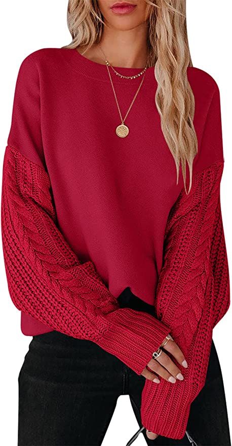 ANRABESS Women's Crewneck Long Sleeve Drop Shoulder Casual Solid Cable Knit Chunky Contrast Pullo... | Amazon (US)
