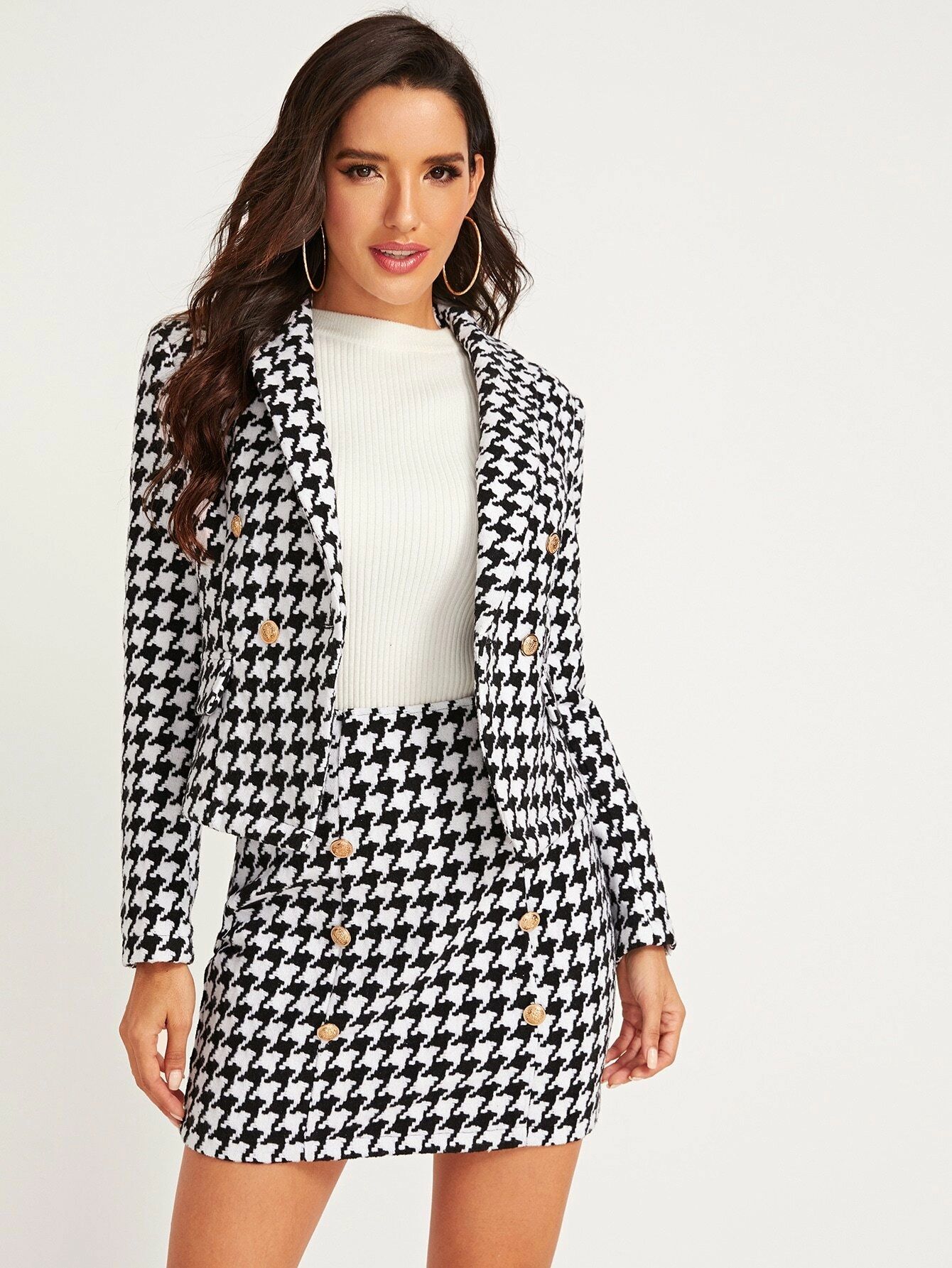 SHEIN Shawl Collar Houndstooth Print Blazer and Bodycon Skirt Set | SHEIN