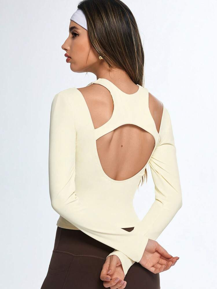 Eassivo Eassivo Women's Cream Yellow Cutout Backless Long Sleeve Top, Modern Athleisure, Slim Fit Yoga Workout Trending Sportswear,Backless Tight Fit Long Sleeve Activewear T-Shirt, Athleisure New Yoga Outfit | SHEIN