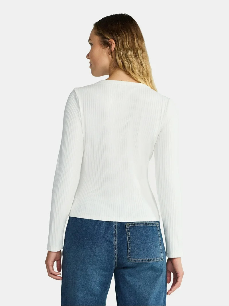 Madden NYC Women's Button Up Ribbed Top with Long Sleeves, Sizes XXS-XXL | Walmart (US)