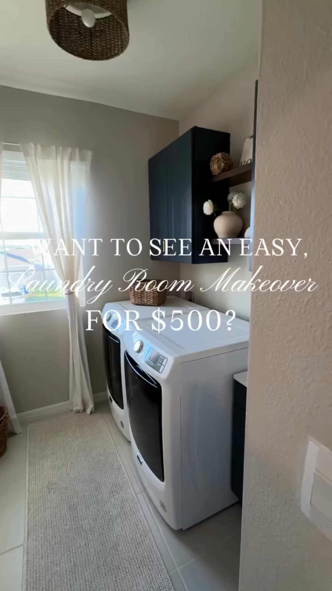 Want to see an easy laundry room makeover for $500?
 I partnered with @loweshomeimprovement to give this space a fresh new look using affordable, high-impact pieces that make a big impact.

Products featured: • Origin 21 Floating Shelves • allen + roth Natural Rattan Light • StainMaster High Gloss Paint (Classic Blue) • Project Source Vanity • Origin 21 Brushed Bronze Hardware • allen + roth Faucet

#Sponsored #LowesPartner #LaundryRoomMakeover #BudgetDIY #HomeRefresh