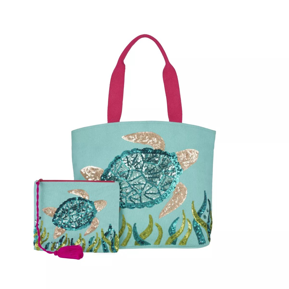 Mina Victory Sequin Sea Turtle 22" x 15" x 6" Beach Bag with Matching Clutch Turquoise | Target