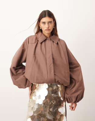 ARRANGE oversized bomber jacket with balloon sleeve in rich brown | ASOS (Global)