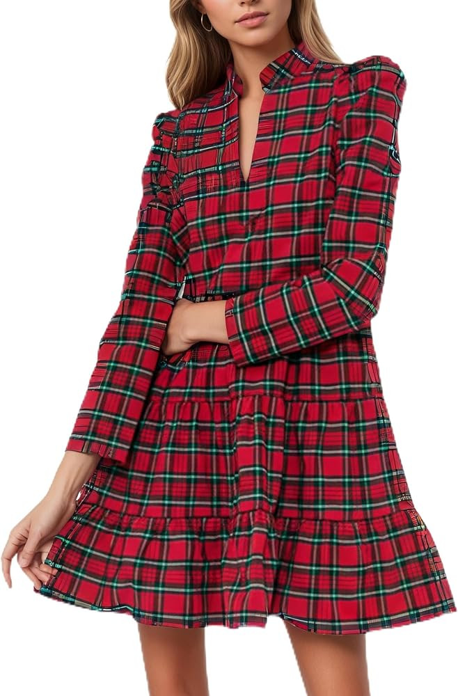 Women's Plaid Print Tunic Dress Long Sleeve V Neck Loose Shirt Dress Ruffle Hem Casual Swing Baby... | Amazon (US)