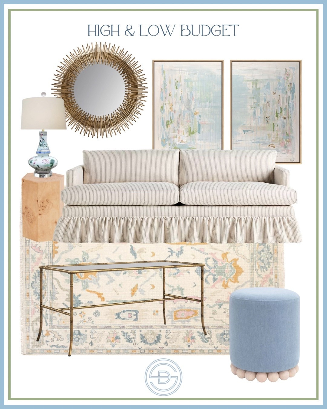 The perfect mix of high and low budget home decor finds to create a gorgeous Grandmillennial living room design! 

Loving this beautiful abstract art set. The gold sunburst mirror complements the space perfectly. This pin stripe ruffle skirted sofa is a classic and stunning piece. I love it Paired with the affordable gold bamboo coffee table and burl wood side table. This affordable chinoiserie lamp is beautiful and colorful. I love the statement this colorful oushak rug makes - such a classic piece! 

#LTKFindsUnder100 #LTKHome #LTKSaleAlert
