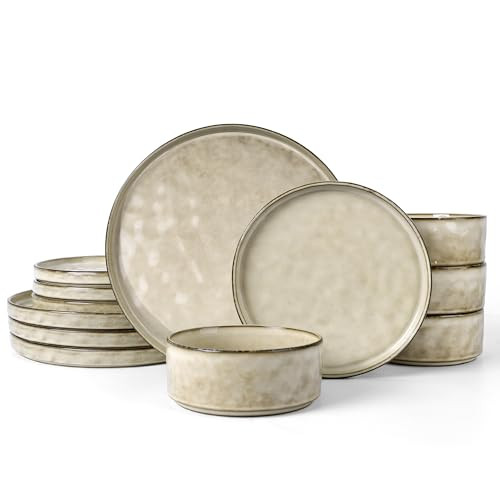 LIANYU Dinnerware Set for 4, 12 Piece Plates and Bowls Ceramic Dish Set, Includes Dinner Salad Plates, Cereal Bowls, Microwave & Dishwasher Safe, Sandy Beige | Amazon (US)