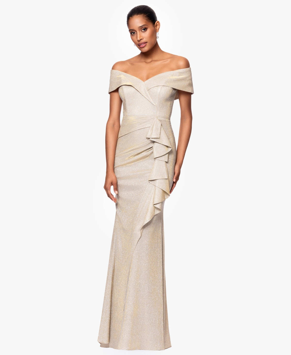 Xscape Women's Metallic Off-The-Shoulder Ruffled Gown - Gold/Silver | Macy's