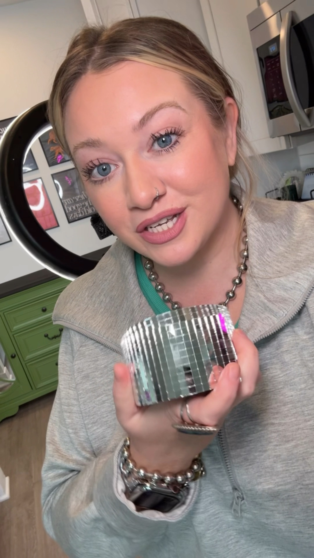 Redoing my cabinet! I painted in green and now I’m adding some disco ball mirror tiles on it! #diy #homedecor #cabinetmakeover #dopaminedecor

#LTKHome #LTKMidsize #LTKFindsUnder50