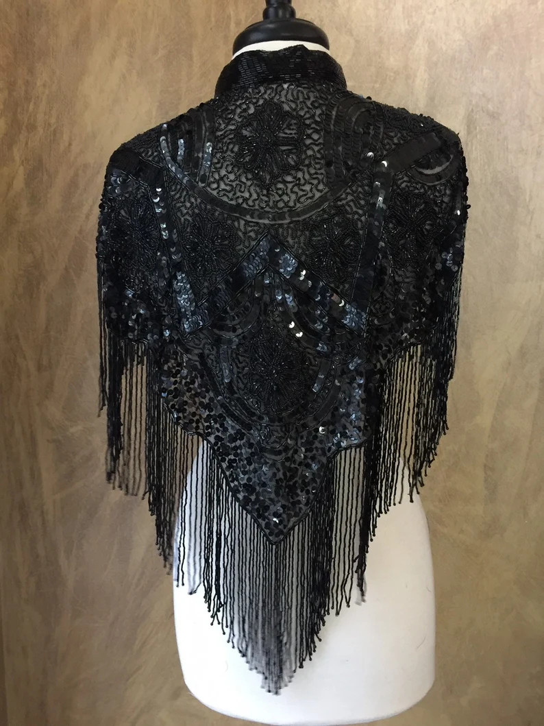 Black Beaded & Sequin Long Glass Fringe Collar Shoulder Shrug Shawl Applique Wrap Bridal - Etsy | Etsy (US)