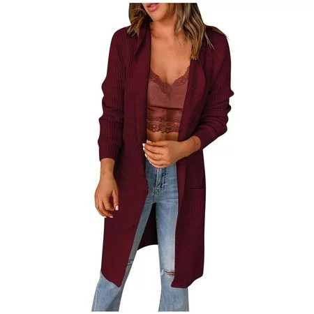 RQYYD Plus Size Cardigan for Women Long Sleeve Knit Cardigan with Hood Open Front Sweater Coat Outwear with Pockets (Wine M) | Walmart (US)
