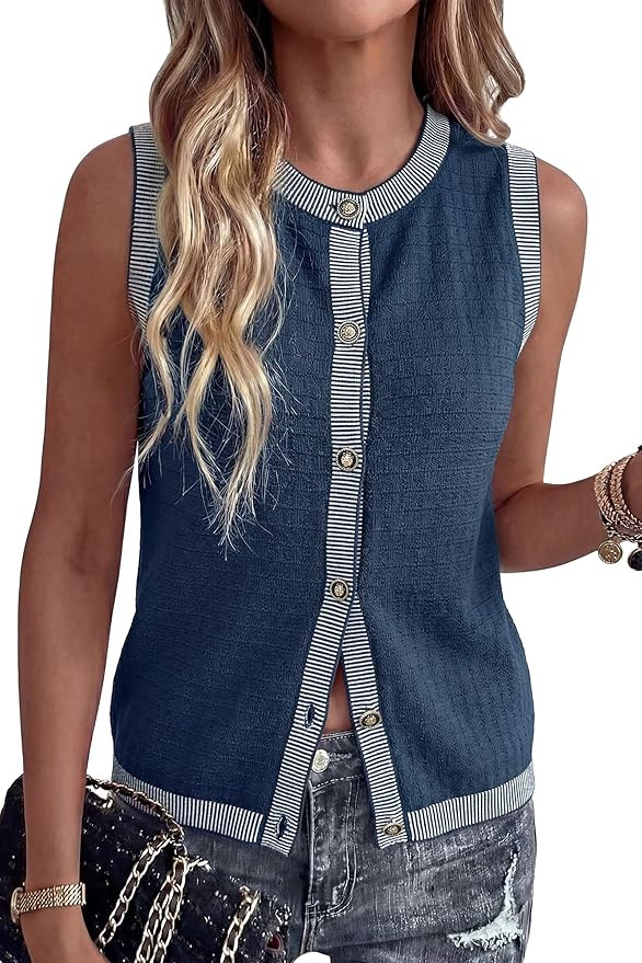 Arach&Cloz Women's 100% Cotton Crewneck Business Casual Contrast Trim Button Front Sweater Vests ... | Amazon (US)
