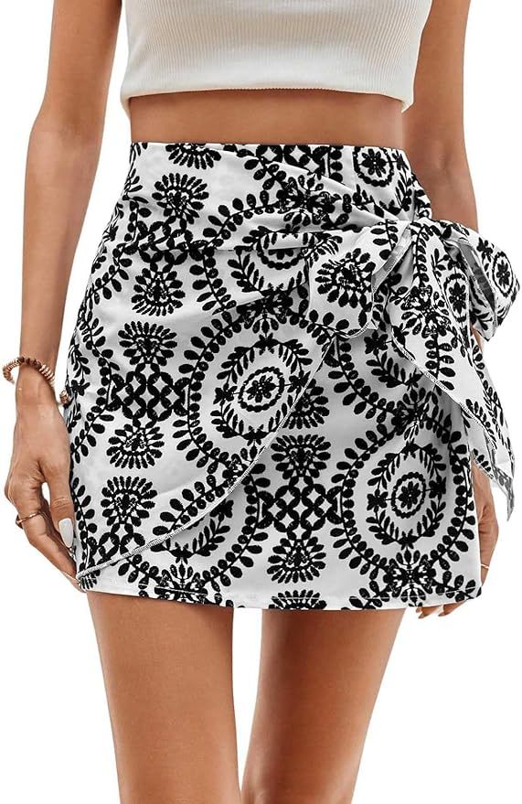 Milumia Women's Allover Print Wrap Short Skirt High Waisted Knot Side Boho Mini Skirts | Amazon (US)