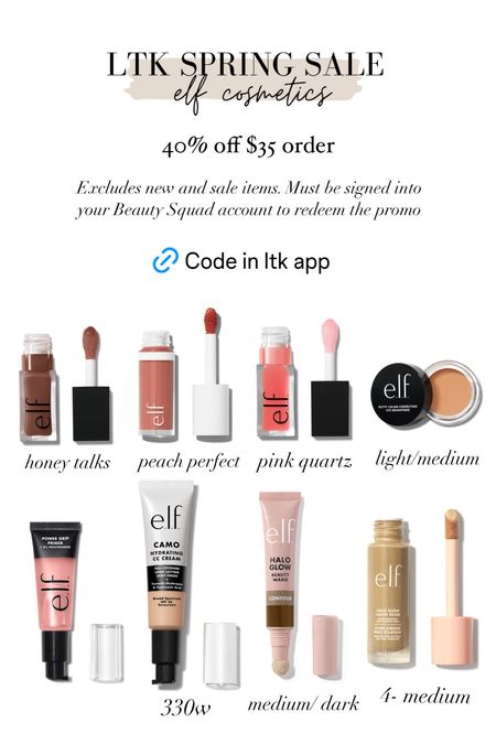 40% off $35 order for Elf Cosmetics LTK spring sale 

excludes new and sale items. Must be signed into your Beauty Squad account to redeem the promo (free to join) 

#LTKSpringSale
