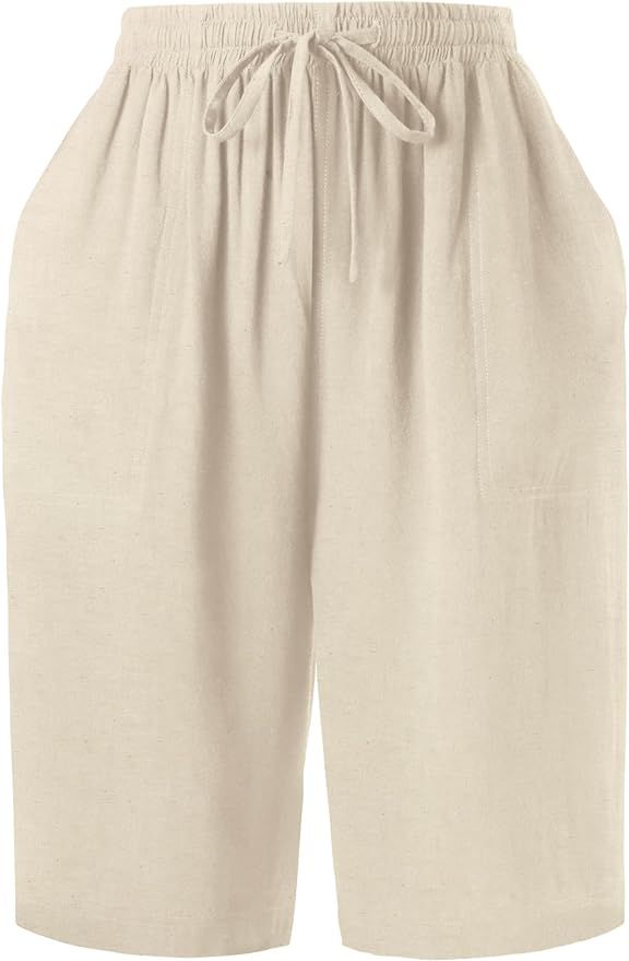 Womens Premium Linen Blend Long Shorts Knee Length Comfy Ultra Soft Deep Pocket Detail Sweat Shor... | Amazon (US)