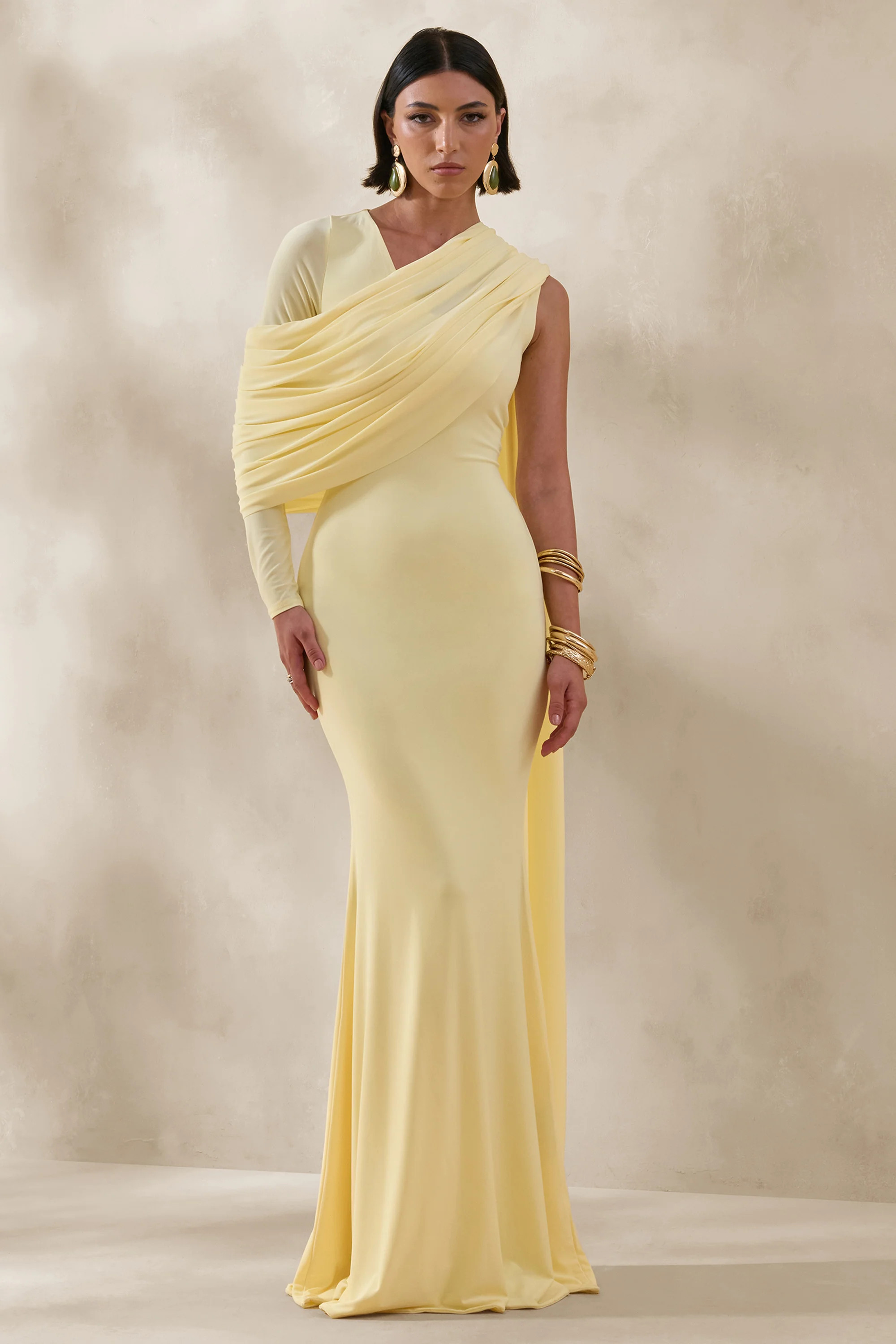 Rubelle | Lemon Asymmetric-Neck Maxi Dress With Draped-Detailing | Club L London