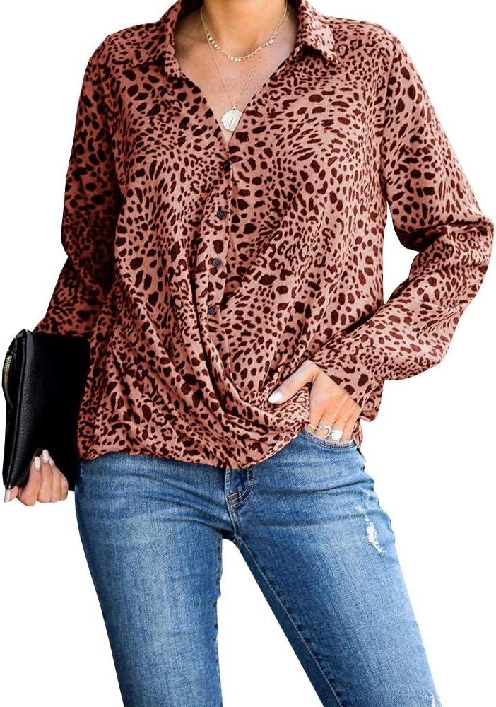 SySea Women's Casual Leopard Print Chiffon Shirts Turtle Neck Long Sleeve Curved Blouse Top | Amazon (US)