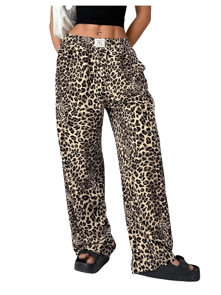 Women's Letter Leopard Print Straight Leg Pants Elastic Waist Y2K Trousers Bottoms with Pockets | Amazon (US)