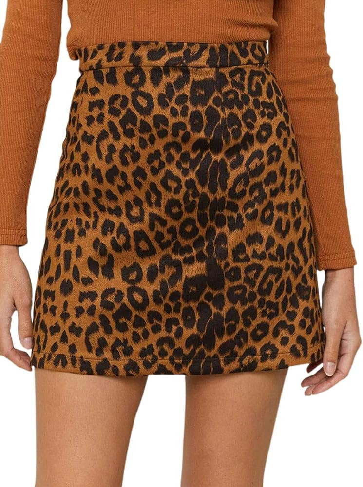 ebossy Women's Faux Suede Leopard Print Zip Back A-Line High Waisted Mini Skirt | Amazon (US)