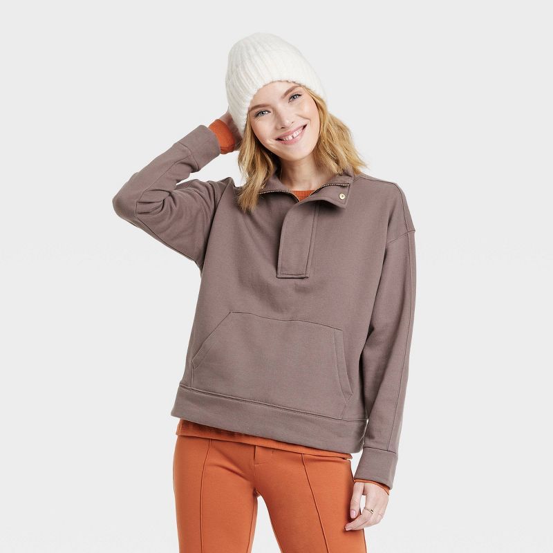 Women&#39;s Quarter Zip Fleece Sweatshirt - A New Day&#8482; Light Brown S | Target