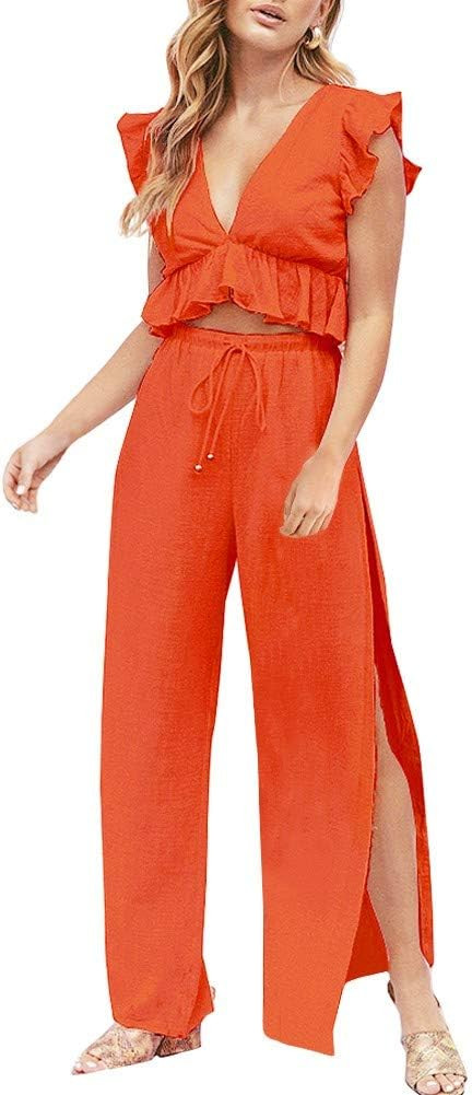 FANCYINN Womens 2 Pieces Outfits Deep V Neck Crop Top Side Slit Drawstring Wide Leg Pants Set Jumpsu | Amazon (US)