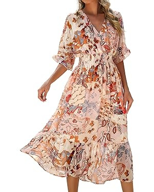 Women's Spring Summer 2024 Floral Midi Dress A Line Chiffon Boho Dress Casual Short Sleeve Long B... | Amazon (US)