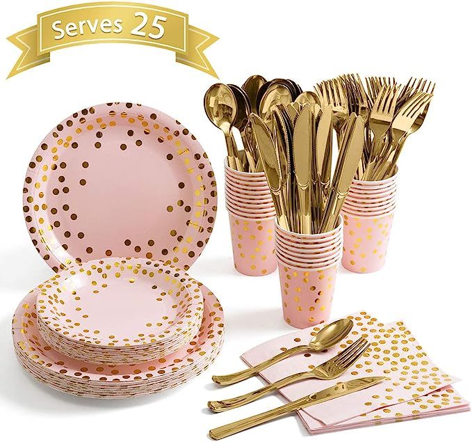 Pink and Gold Party Supplies – Disposable Dinnerware Set Serves 25 Gold Dots on Pink Paper Plat... | Amazon (US)