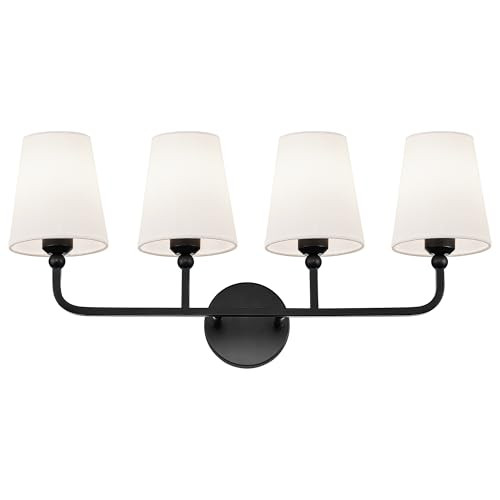 Bathroom Light Fixtures, 4 Light Matte Black Vanity Lights with Flared White Fabric Shade, 28 Inc... | Amazon (US)