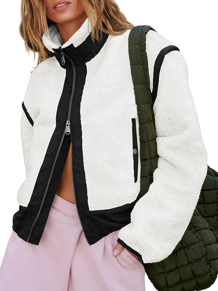 Tankaneo Womens Cropped Zip Up Fleece Jacket Stand Collar Fuzzy Sherpa Coat Winter Color Block Te... | Amazon (US)