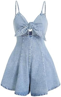OYOANGLE Women's Vintage Bowknot Spaghetti Strap Denim Romper Sleeveless Wide Leg Jean Short Jump... | Amazon (US)