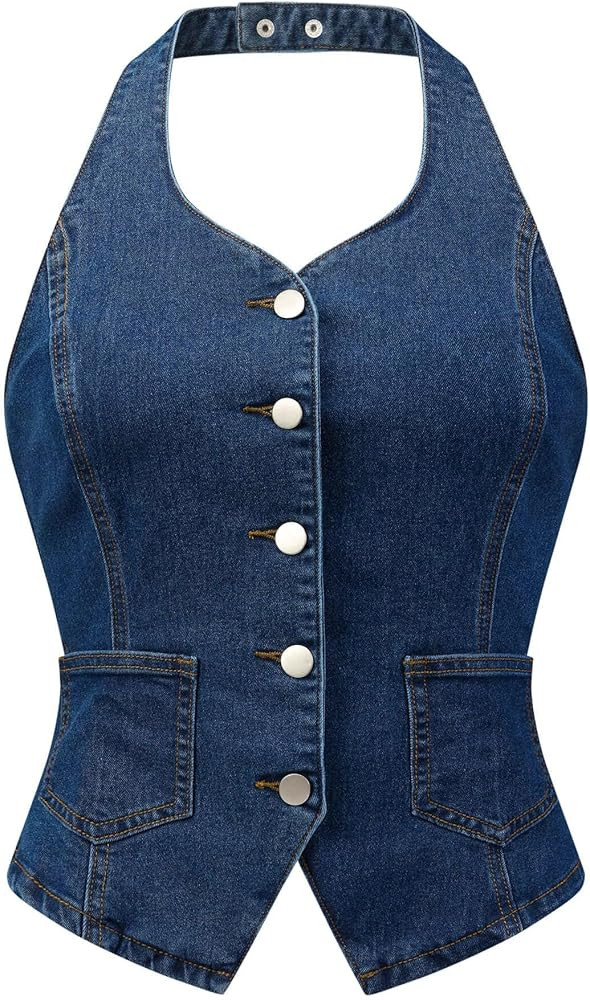 Allegra K Denim Vest Top for Women's Halter Neck Button Down Backless Jean Waistcoat | Amazon (US)