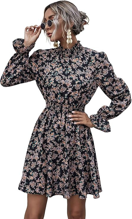 Floerns Women's Mock Neck Long Sleeve Floral Print Ruffle Short Dress | Amazon (US)
