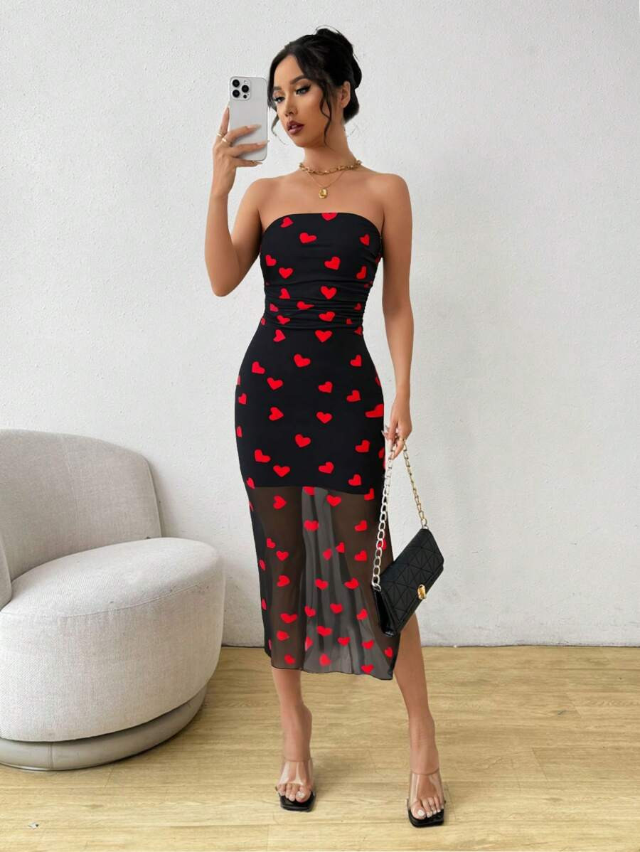 Elenzga Valentine's Day Red Heart Printed Ruffle Mesh Dress | SHEIN