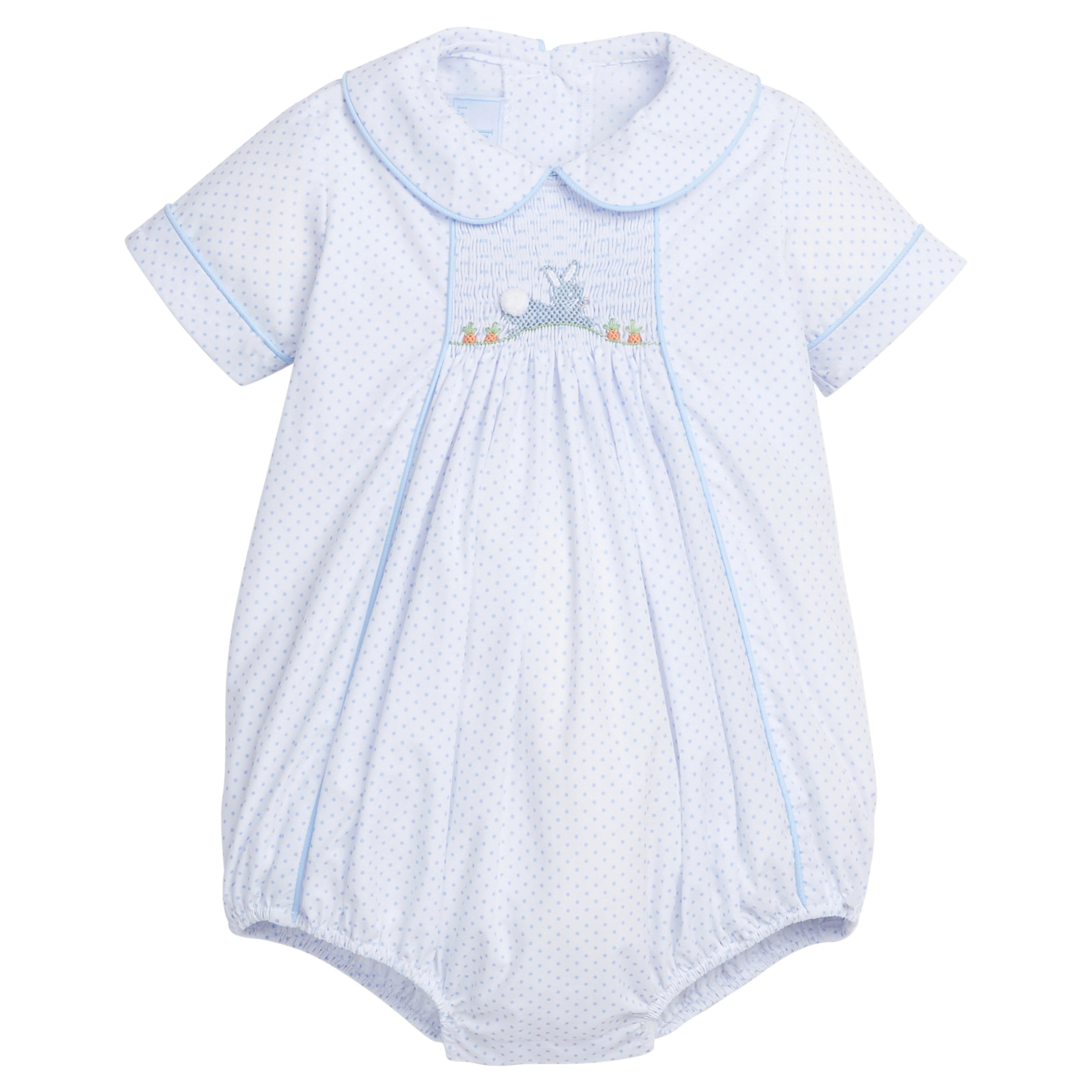 Boys Chest Smocked Bubble Romper in Blue | Little English