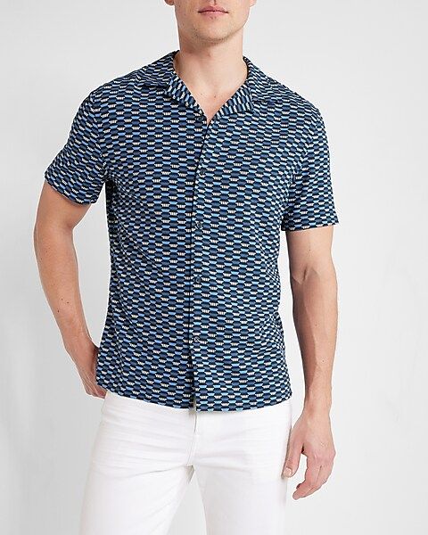 Slim Geo Print Rayon Short Sleeve Shirt | Express