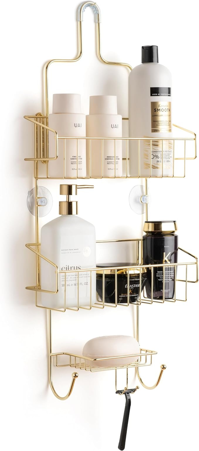 Large Iron Gold Shower Caddy – No Drilling Required – Two-Tier Storage – Razor & Loofah Hol... | Amazon (US)