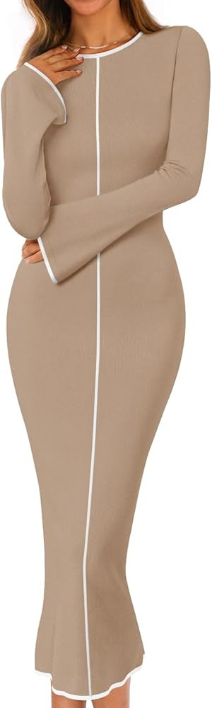 MEROKEETY Women's Fall Long Bell Sleeve Sweater Dress 2025 Elegant Bodycon Color Block Knit Midi ... | Amazon (US)