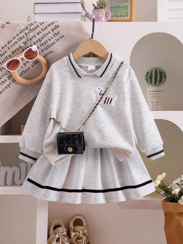 2pcs Young Girl Casual School Style Embroidered Collar Sweatshirt And Pleated Skirt Set, Fall/Win... | SHEIN