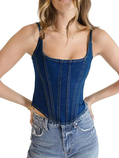 Imily Bela Womens Denim Corset Tank Tops Sleeveless Slim Fit Vest Spaghetti Strap Summer Crop Top | Amazon (US)