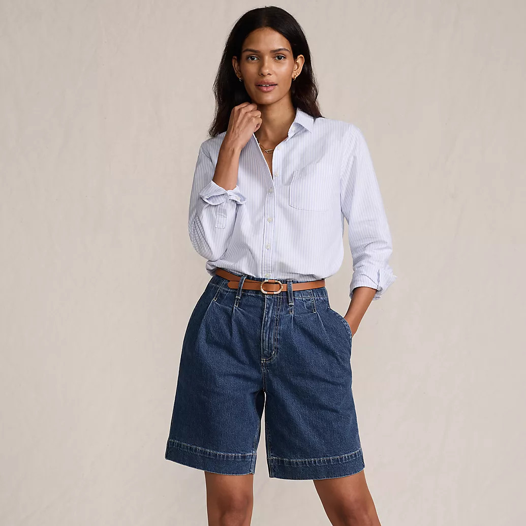 Women's Soft Denim High Rise 7" Pleated Trouser Shorts | Lands' End (US)