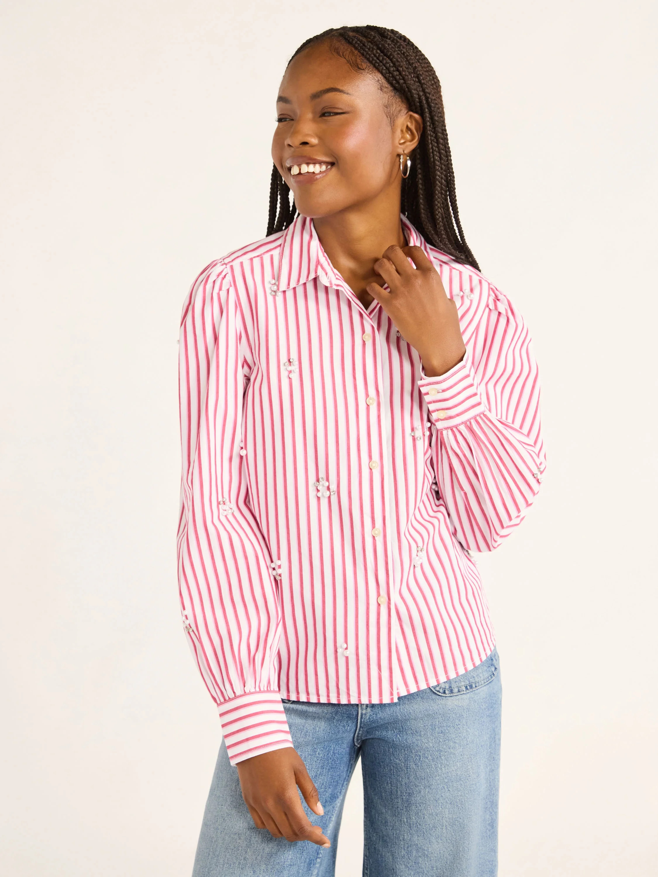 Free Assembly Women's and Women’s Plus Cotton Embellished Button Front Shirt, Sizes XS-4X | Walmart (US)