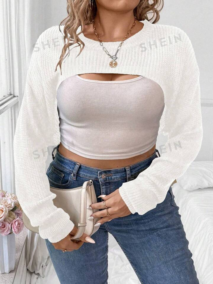 SHEIN Essnce Plus Drop Shoulder Super Crop Sweater Without Cami Top | SHEIN