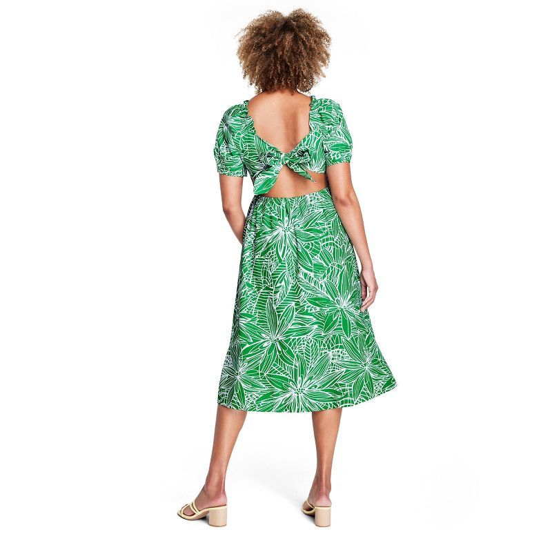 Women's Linear Floral Print Puff Sleeve Tie-Back Midi Dress - Tabitha Brown for Target Green | Target