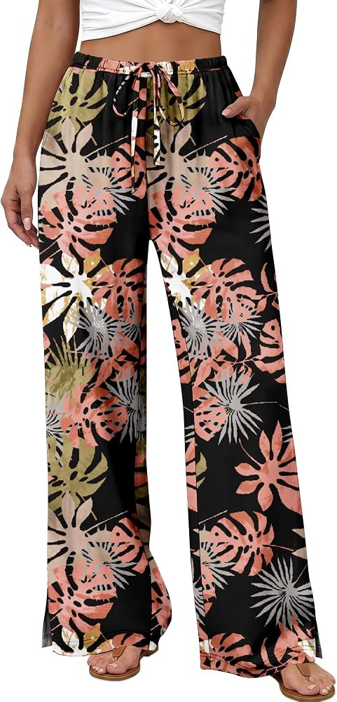 JZC Womens Palazzo Pants Drawstring Elastic Waist Flowy Wide Leg Beach Trousers with Pockets | Amazon (US)