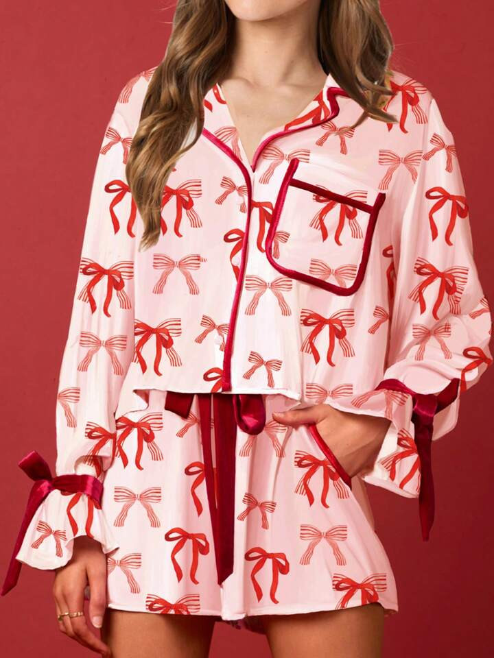 Women's Summer Loungewear Set Bow/Heart/Stripe Print Long Sleeve Lapel Tops With Drawstring Short... | SHEIN