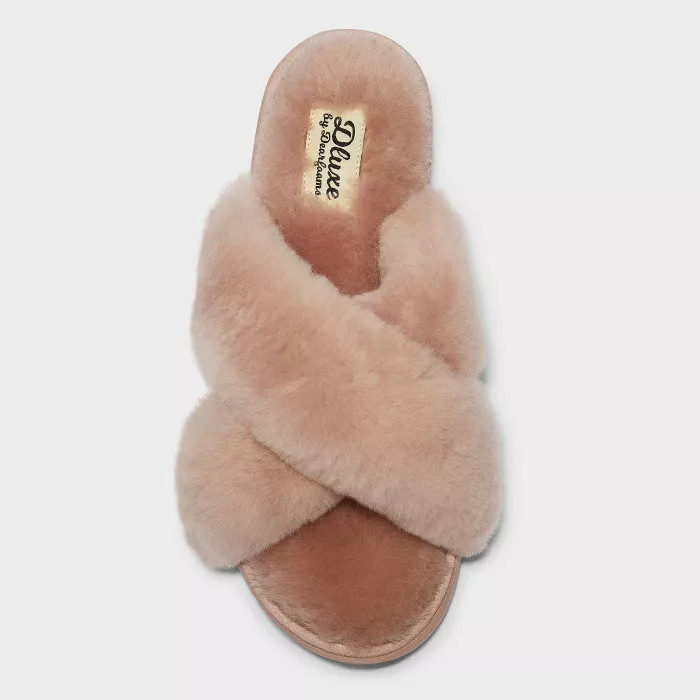 Women's dluxe by dearfoams Rossland Genuine Shearling Crossband Slippers - Gray 6 | Target