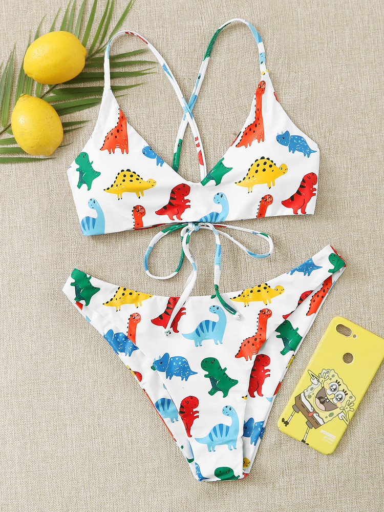 Cartoon Dinosaur Tie Back Bikini Swimsuit | SHEIN